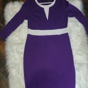 Purple Long-Sleeve Sheath Dress with White Contrast Waistband